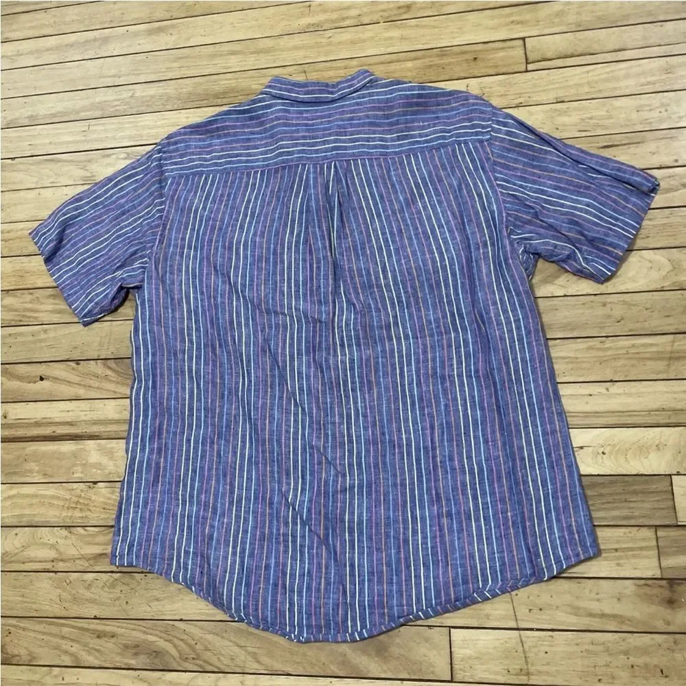 LANDS' END Linen Button Shirt Men L Traditional Fit Blue Vertical Stripe Rainbow